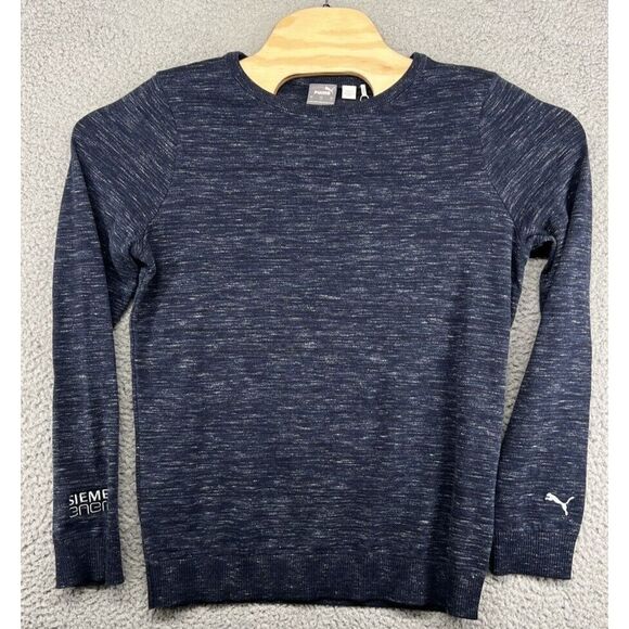 PUMA Golf Crewneck Sweater Blue Siemens Sleeve‎ Logo Women's Size Large L EUC - Picture 1 of 8